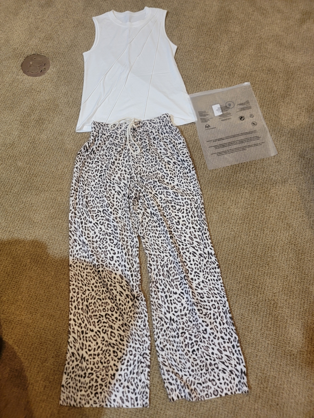 White Sleeveless Tank with Black & Cream Leopard Print Pants (Small, New)